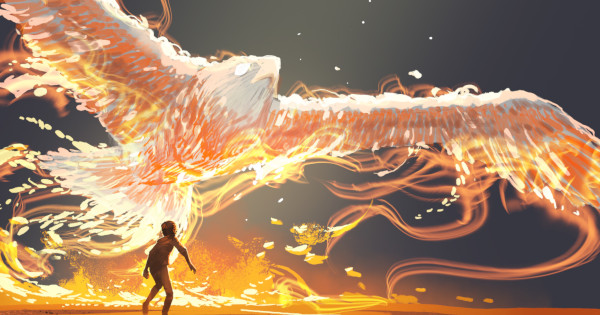 child looking at a phoenix flying above, digital art style painting