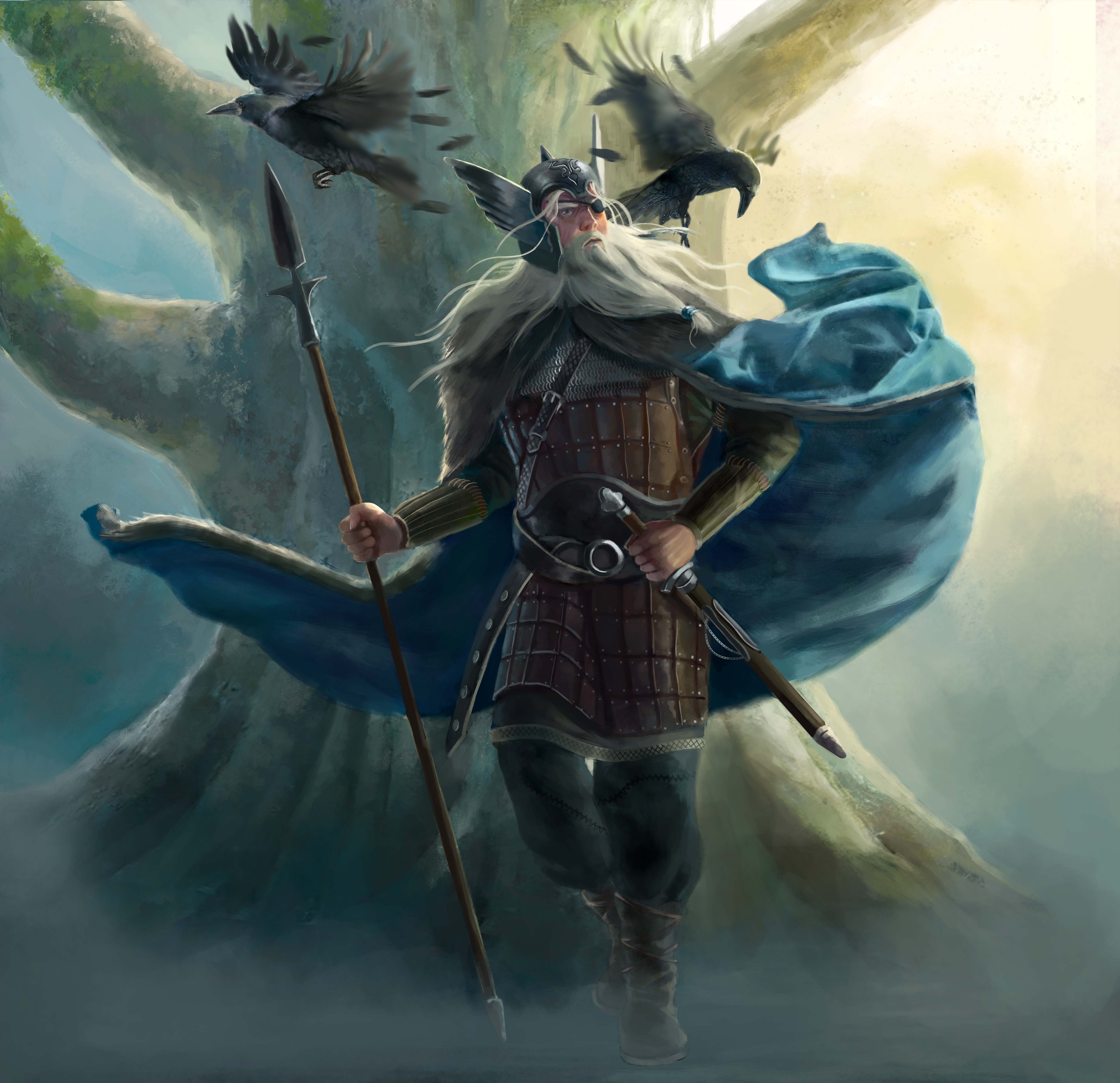 Odin stands in front of tree with spear and birds