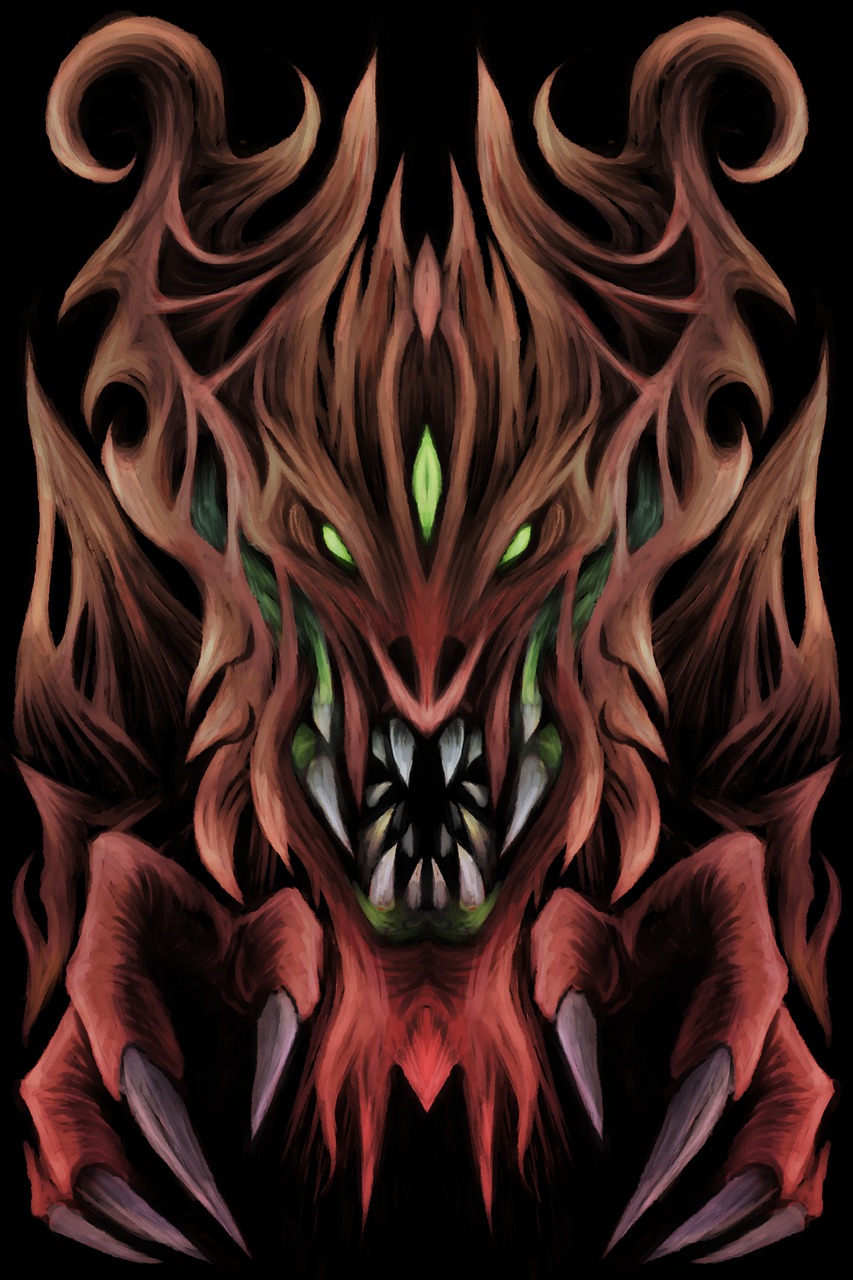 An illustration of a demonic creature with multiple eyes, big claws, and a maw of pointed teeth