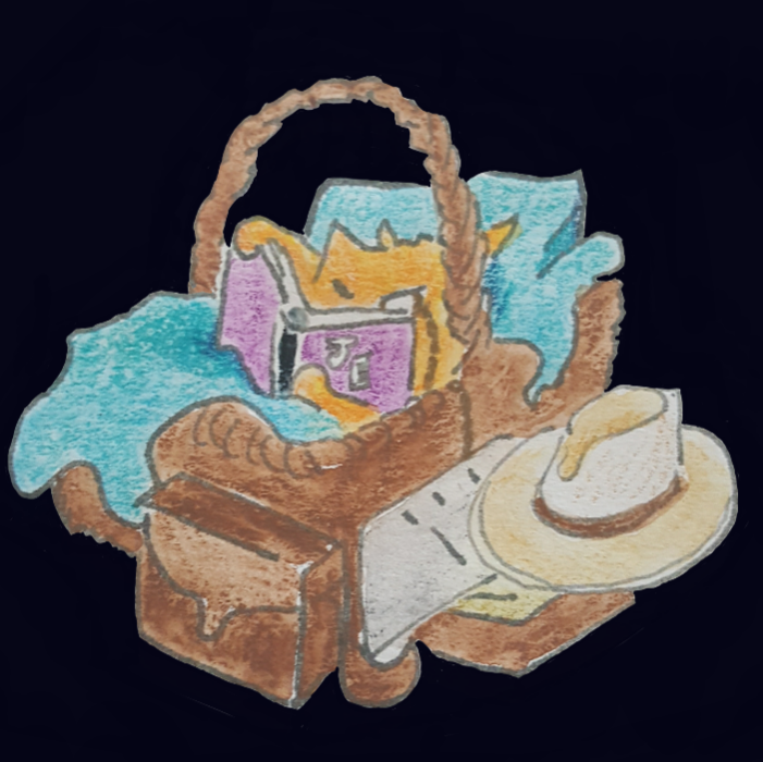An ectoplasmic orange cat, reading in a basket (watercolour and ink)