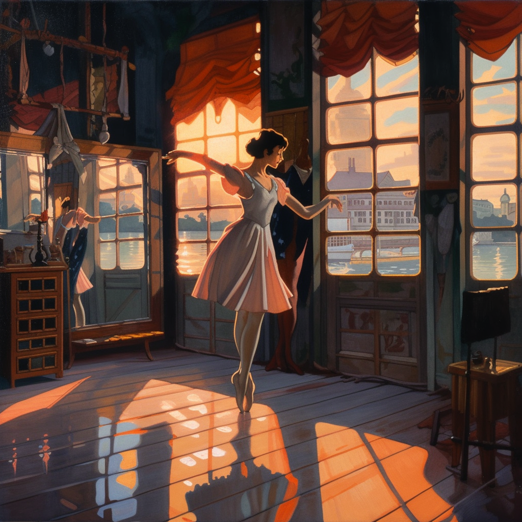 A young woman dances en pointe in a cluttered but homey studio space. There is a large mirror behind her, and windows next to her showing the setting sun and a body of water.