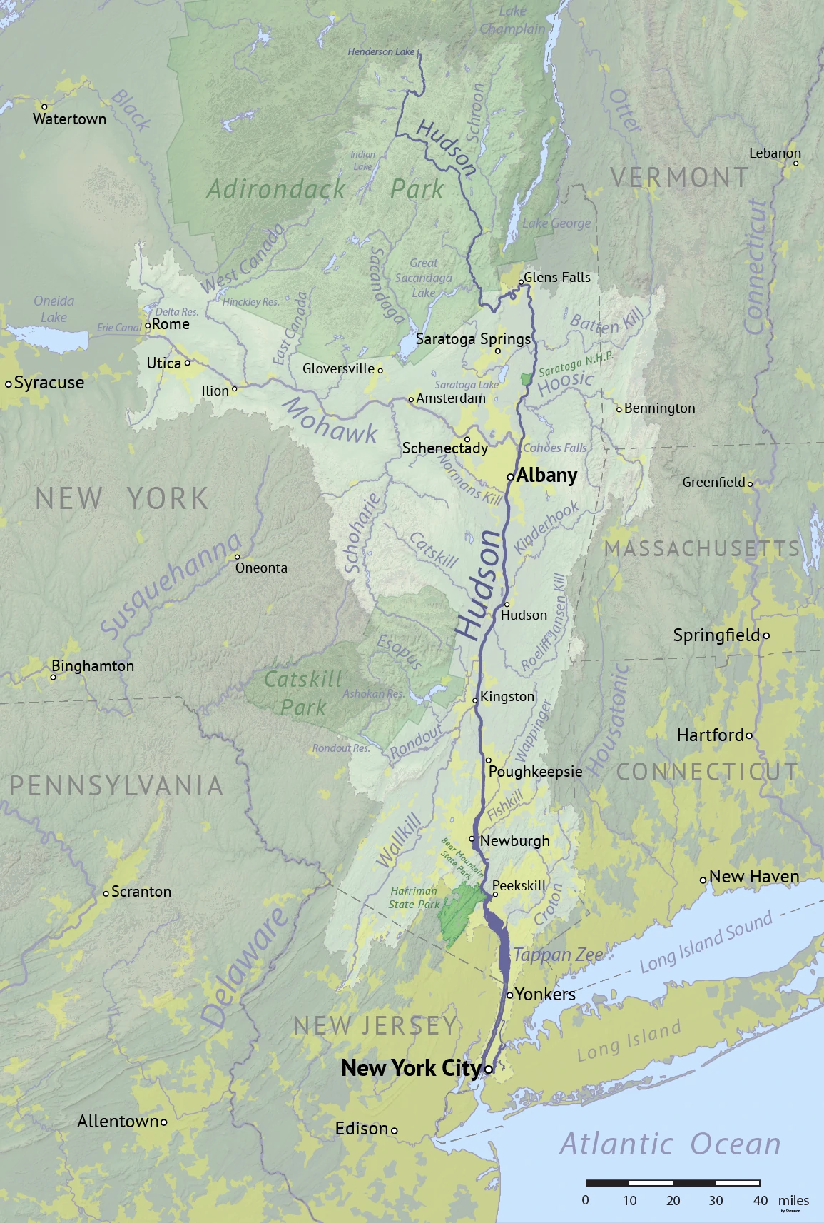 A topograpic map of the Hudson River Basin with the river and large tributaries labeled.