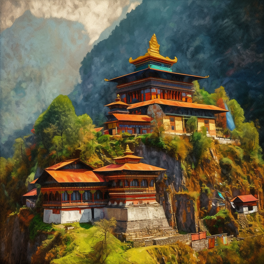 A building with architecture similar to Tibetan Buddhist temples, perched on lush moutains with a few smaller, similarly designed buildings around it.