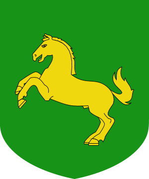 Heraldic image: golden horse on a green field