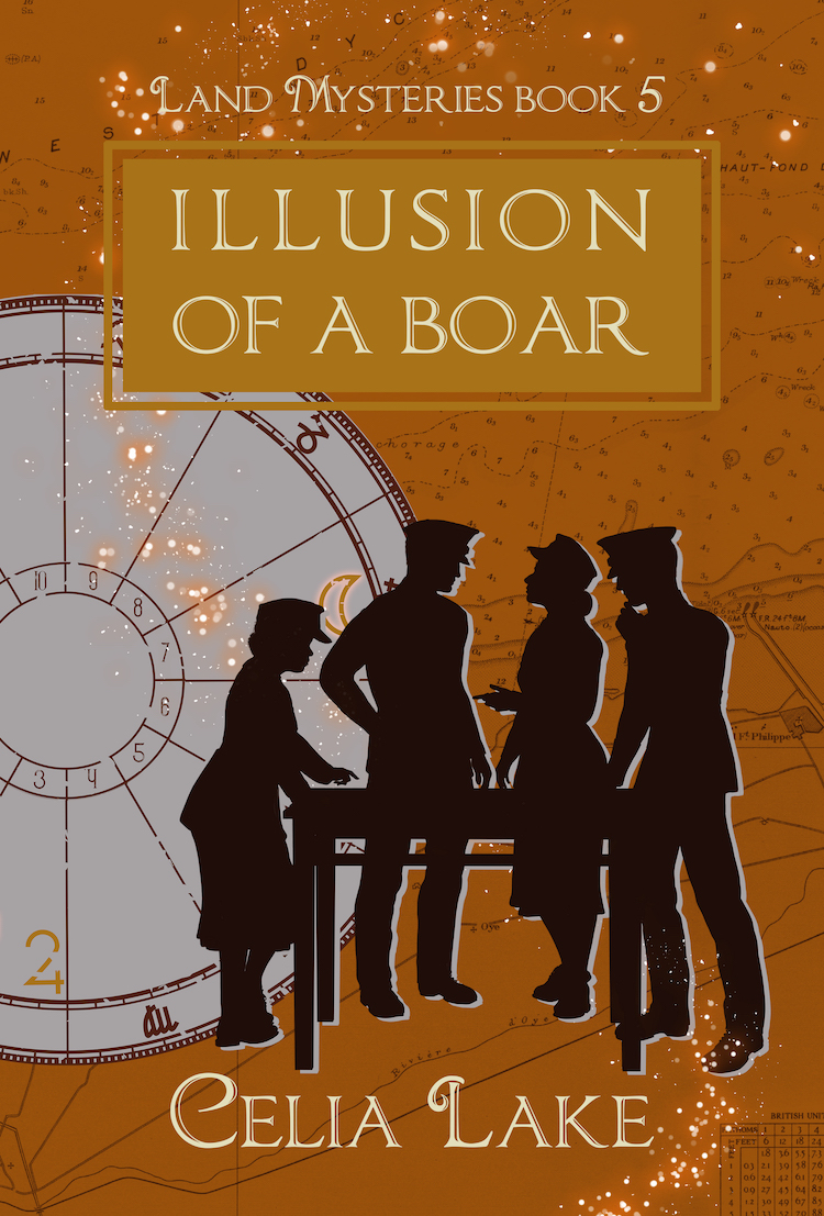 Cover of Illusion of a Boar: Two silhouetted men and women standing at a table, on a ground of deep gold with an astrological chart behind them.
