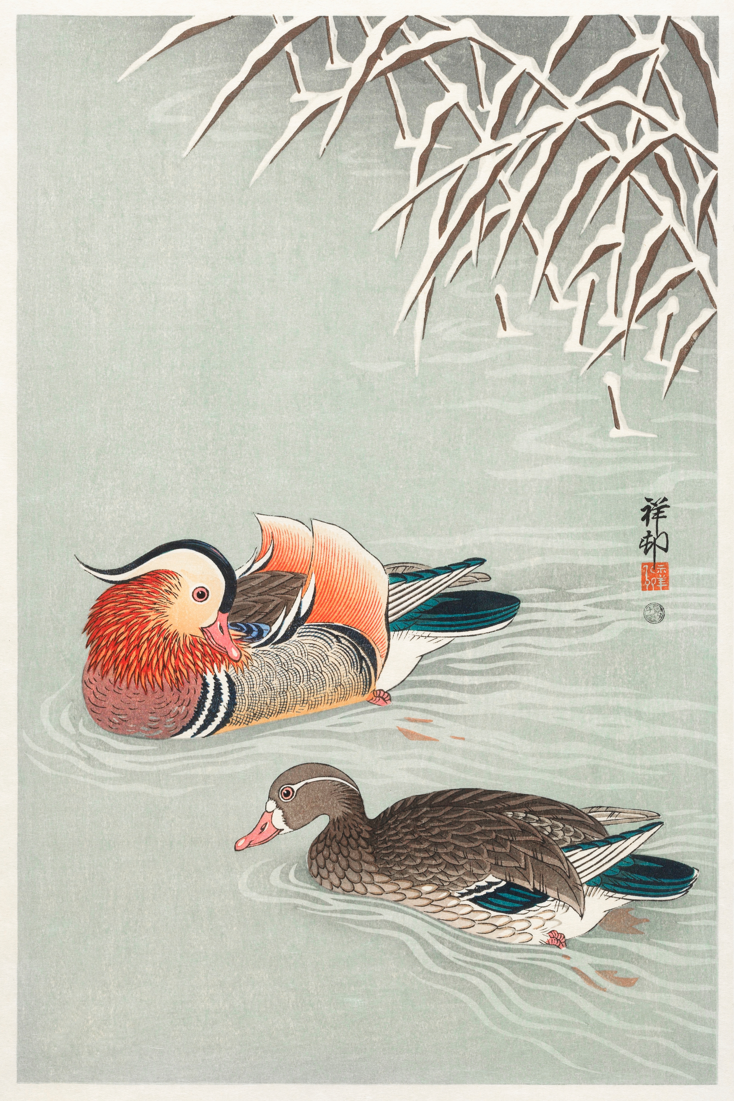 woodblock print of male and female mandarin ducks swimming beneath bamboo